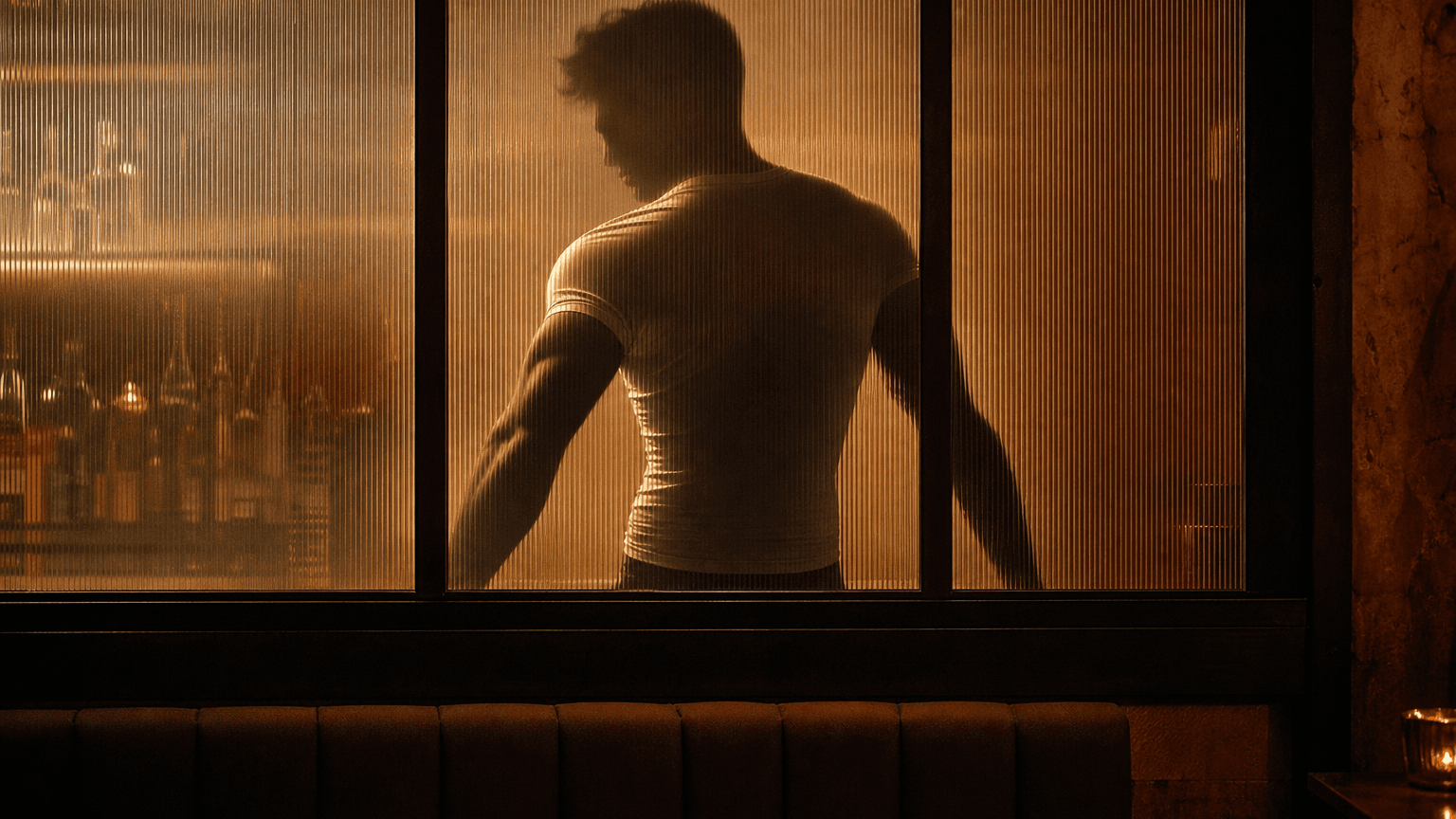 Homme gay sur smartphone en café tamisé, réglages de confidentialité