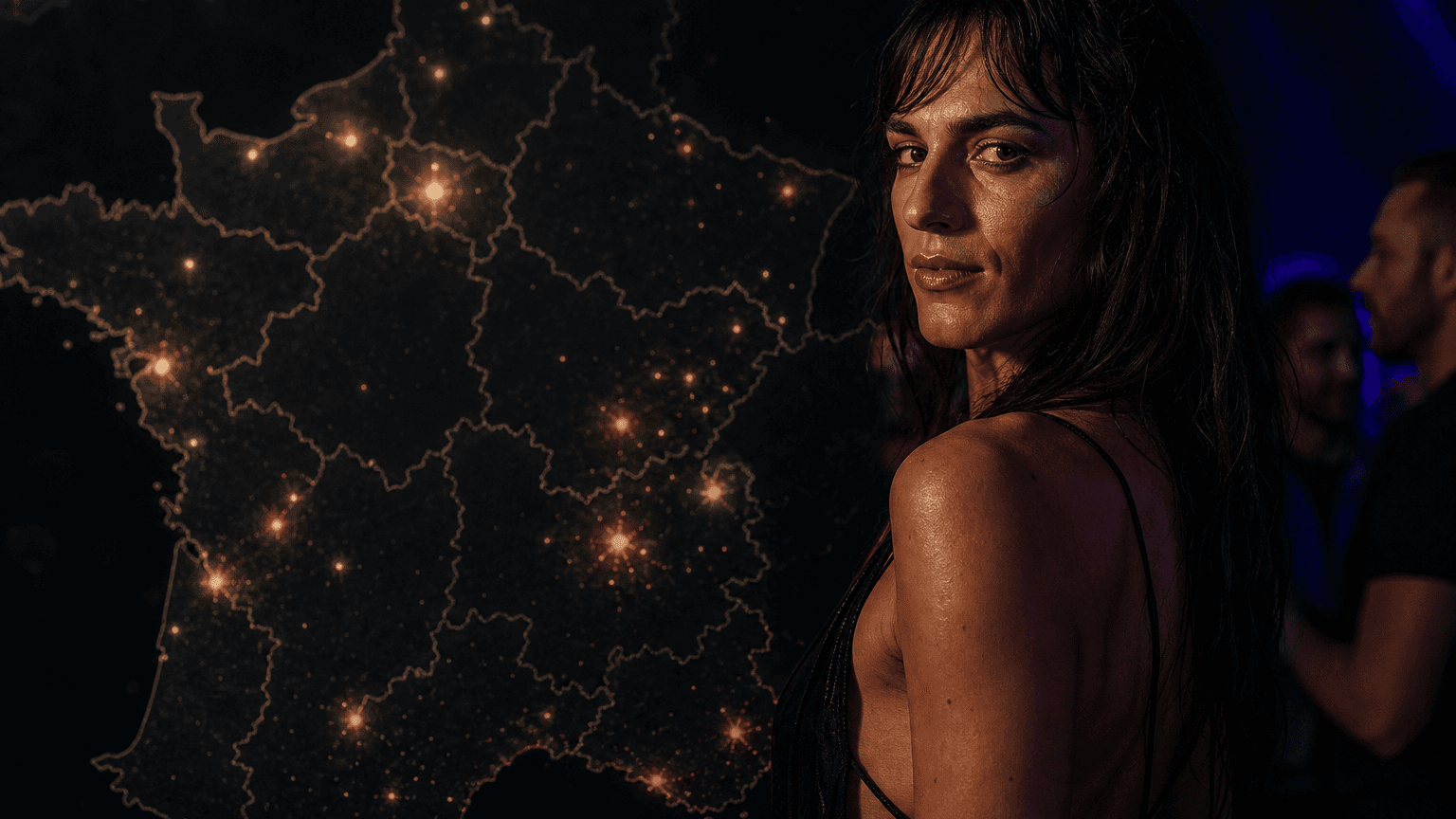 Carte sombre à points ambre et femme trans au premier plan