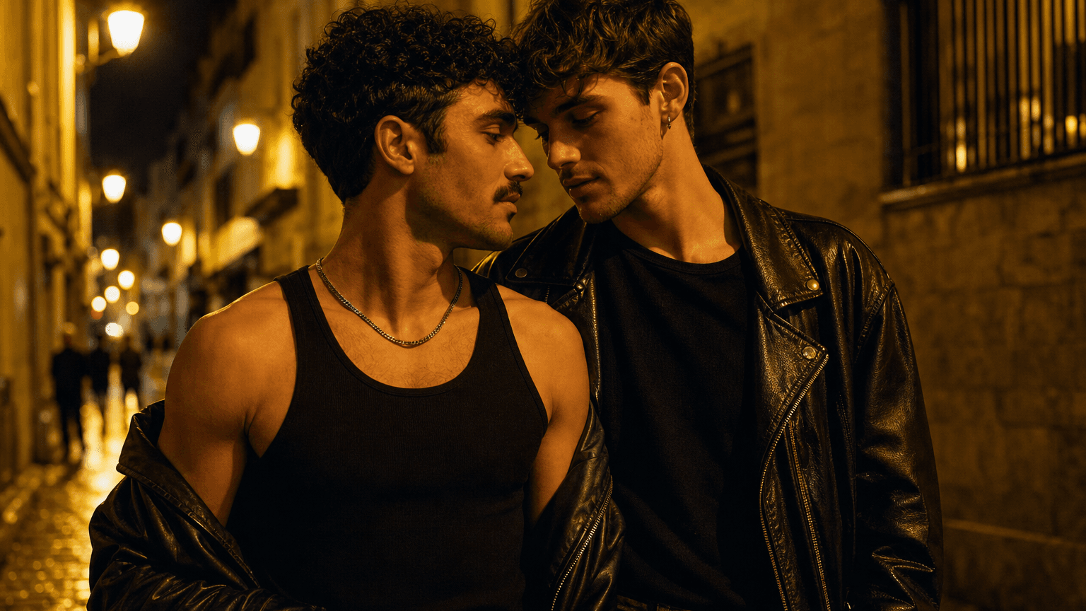 Rue nocturne queer avec hommes gay et ambiance drag en lumière ambre