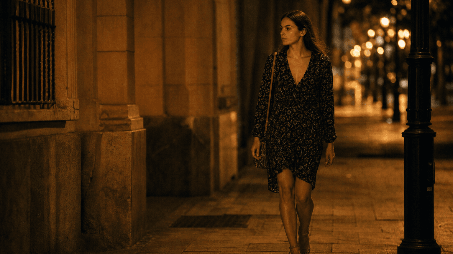 Trav en robe glam marchant dans une rue nocturne chaude