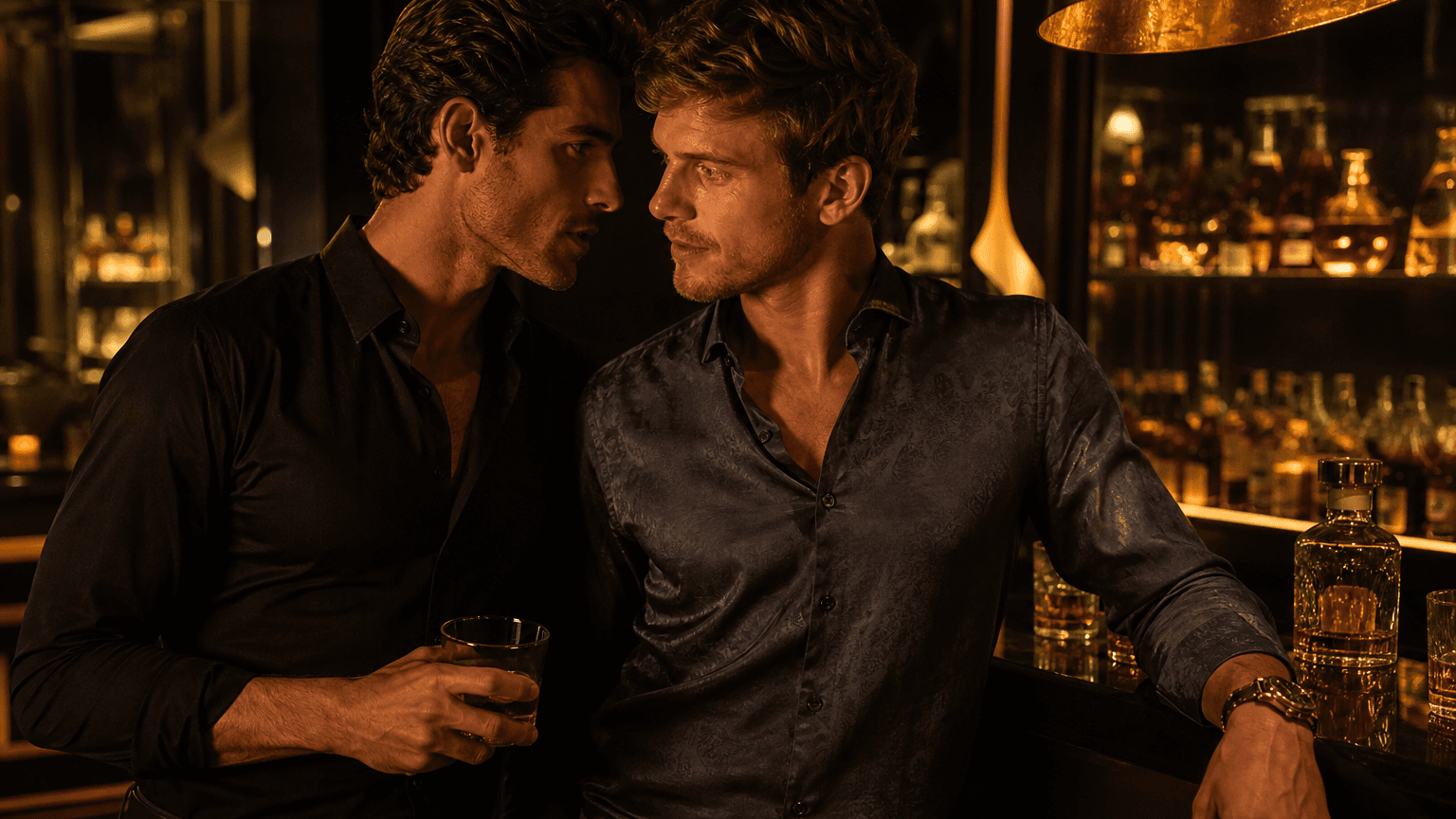 Hommes gay bar queer Bruxelles nuit, lumière ambre discrète